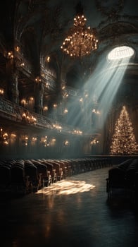 Elegant theater interior decorated for the holiday season with a grand Christmas tree and soft light streaming from above photo