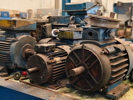 Various industrial electric motors and mechanical parts in a workshop photo