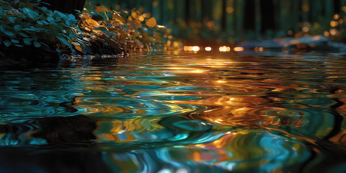 Water reflects autumn colors in a tranquil forest setting at dusk near a serene stream photo