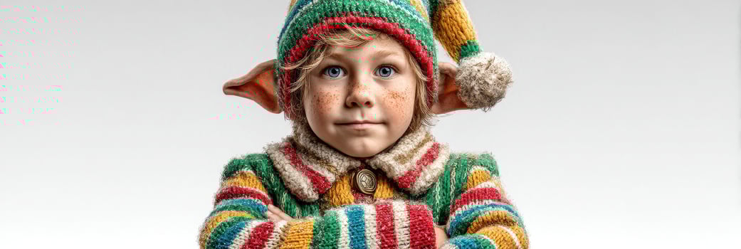 Cute child elf with colorful striped sweater and adorable hat posing for a festive portrait in a cheerful setting photo