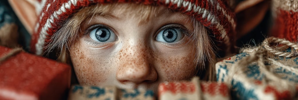 Child with blue eyes surrounded by colorful wrapped gifts during a festive holiday season photo