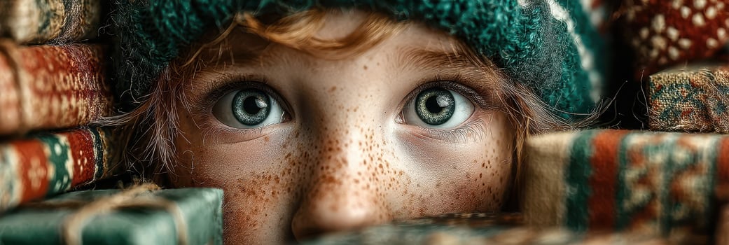 Child with bright eyes gazes from behind colorful wrapped gifts in cozy setting during winter season photo