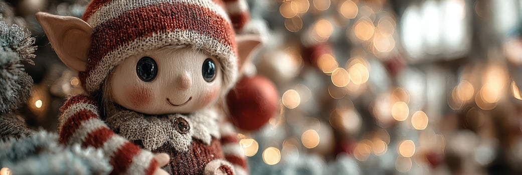 Cheerful holiday elf doll smiles in front of a beautifully decorated Christmas tree during the festive season photo