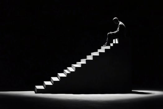 A man sitting on the stairs of a dark room photo