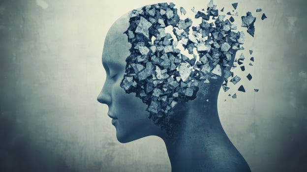 Human head dissolving into abstract fragments photo
