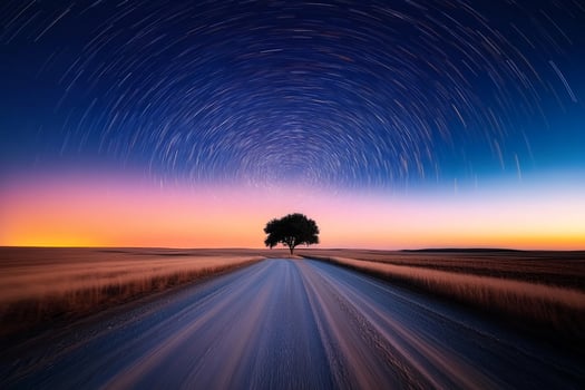 A long exposure photo of a tree on a road