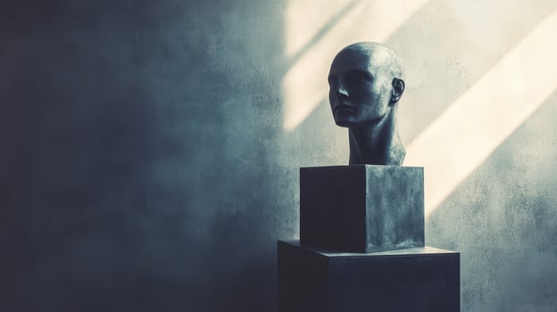 Head sculpture on pedestal dramatic light photo