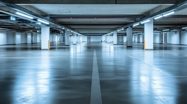 Empty underground parking lot with bright lights photo