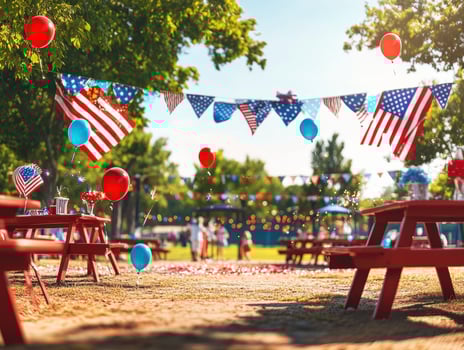 Festive decorations for an outdoor celebration with flags and balloons photo