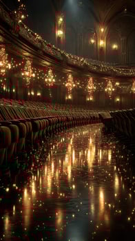 Elegant theater interior with illuminated chandeliers and shining wooden floors during a quiet performance evening photo
