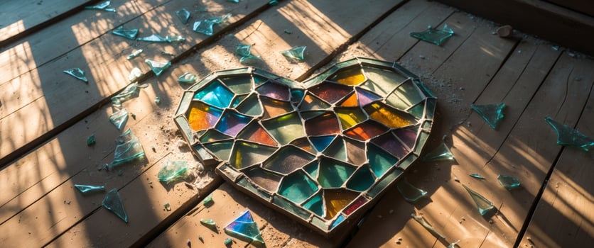 A broken stained glass heart on a wooden table photo