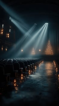 Elegant theater interior decorated with Christmas trees and soft lighting during a winter evening event photo
