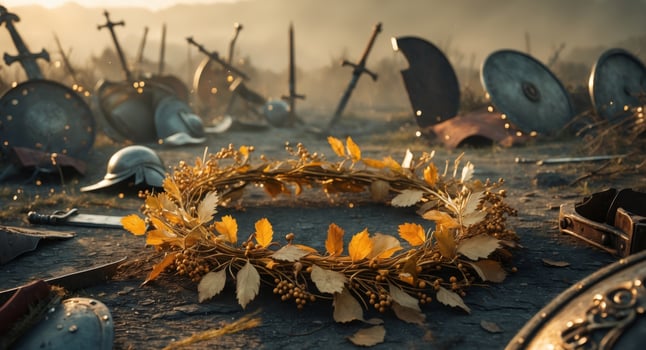 A wreath of golden leaves is surrounded by swords and shields photo
