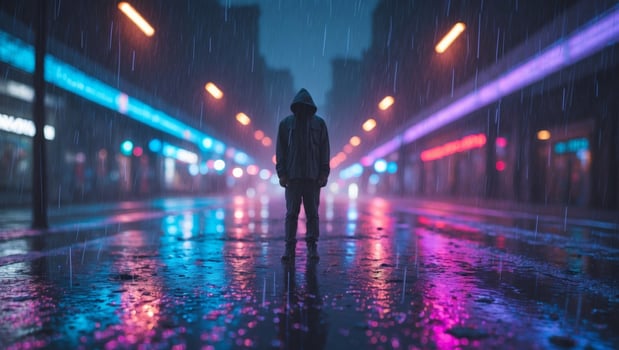 A person standing in the rain at night photo