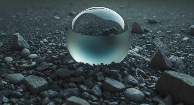 A glass ball sits on a rocky ground photo