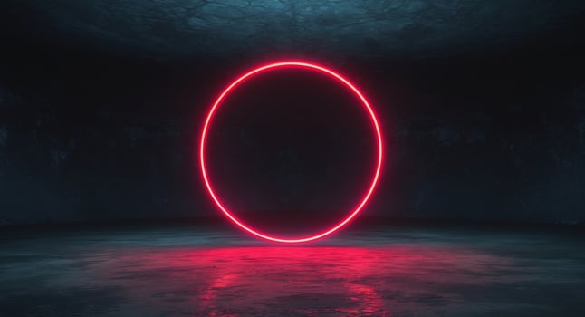 Red neon circle in dark room with dark floor photo