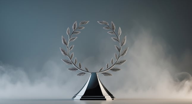 Silver Laurel Wreath Trophy on a Black Stand with Ethereal Fog Background, Award Concept photo