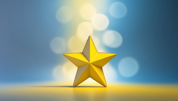 Gold star award concept on blue and yellow background photo