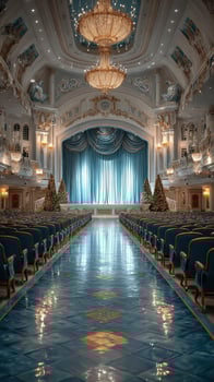Elegant theater interior adorned with Christmas decorations, featuring a grand stage and shimmering chandeliers photo