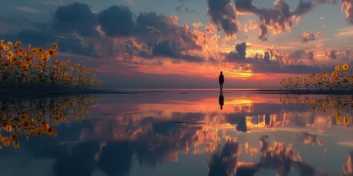 Bright sunset reflects over calm water while a person stands among sunflowers in the evening sky photo