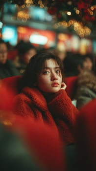 Thoughtful young woman wearing red coat sitting in a crowded theater during a vibrant evening event photo