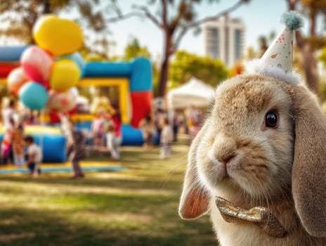 Brown rabbit wearing a party hat and bow tie stands in focus. Blurred background shows colorful balloons and inflatable structures at an outdoor gathering with people celebrating photo