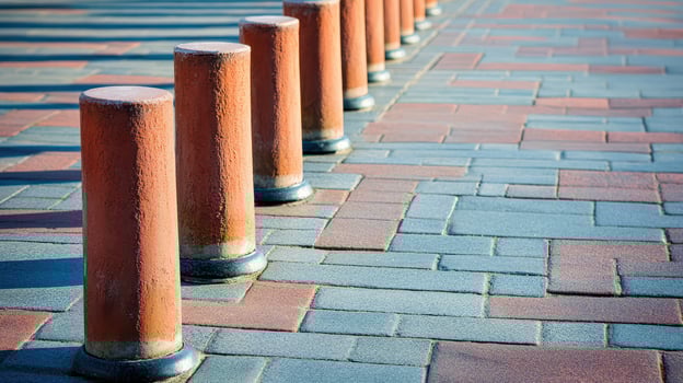 Pillars line walkway in a public pedestrian area photo