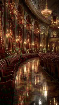 Elegant theater interior showcasing ornate decor and warm lighting during festive preparations for a special event photo