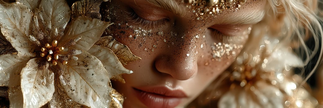 Beautiful young woman with floral design and gold glitter adorns her face and hair during a creative fashion event photo