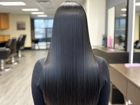Woman with long, straight hair in modern salon setting photo