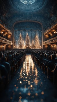 Festive concert hall adorned with glowing Christmas trees and a captivated audience during a holiday performance photo