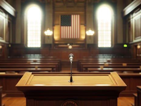 Courtroom with podium and American flag in the background photo
