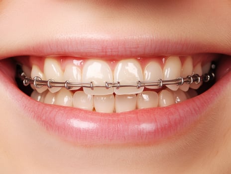 Smiling person with braces showing healthy teeth in close-up photo