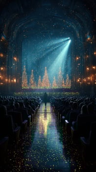 Audience enjoys a holiday performance in a grand theater with sparkling decorations and glowing Christmas trees photo