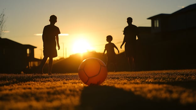 A family playing soccer at sunset photo