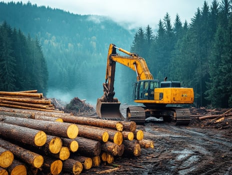 Excavator working among logs in dense forest during daylight photo
