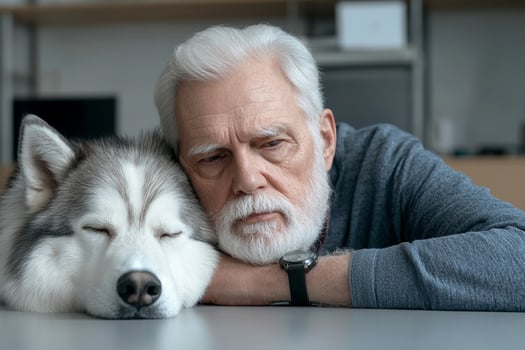 An older man with a white beard and grey hair is laying next to a husky dog photo