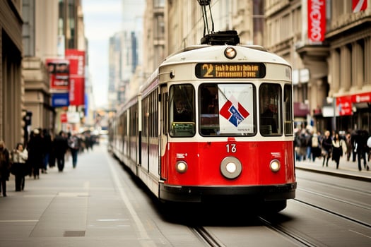 A red and white train on a city street photo