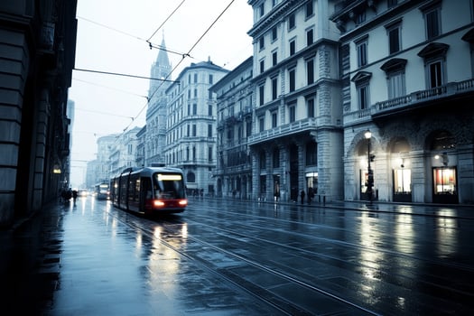 A train on a rainy street photo