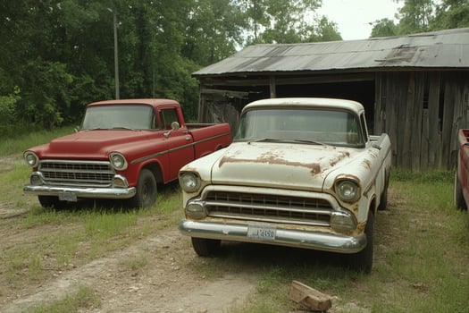Two old trucks parked next to each other photo
