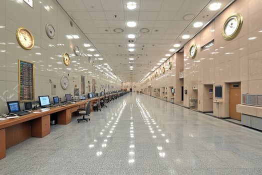 A long hallway with many computers and clocks on the wall photo