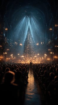 Festive holiday celebration in an ornate theater featuring a grand Christmas tree and an enthralled audience photo
