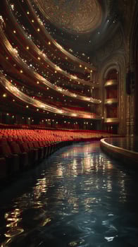 Luxurious theater interior featuring rows of red seats and shimmering water reflections during a vibrant performance photo