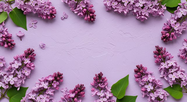 Lilac blooms arranged in a frame on a textured purple background. photo