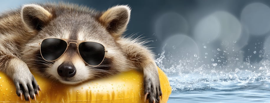 A raccoon wearing sunglasses on a yellow ring photo