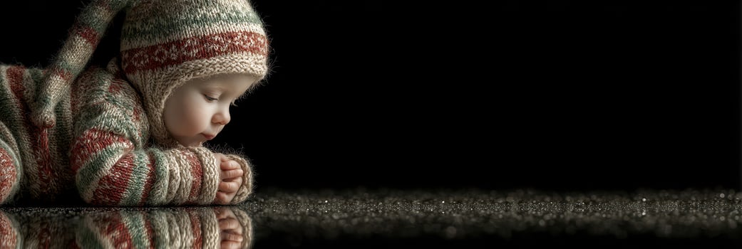 Cute baby in knitted outfit resting on reflective surface during cozy indoor setting photo