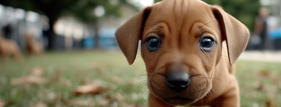 A brown puppy is looking at the camera photo