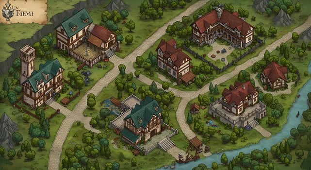 A map of a medieval town with houses and trees photo