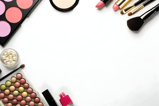 Overhead arrangement of cosmetic products for professional visage artistry photo