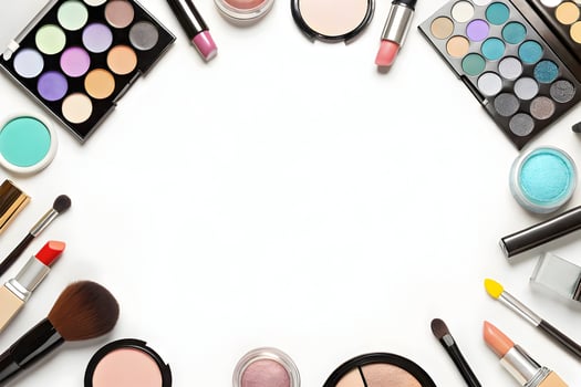 Artistic arrangement of cosmetic essentials surrounding a pristine white canvas photo